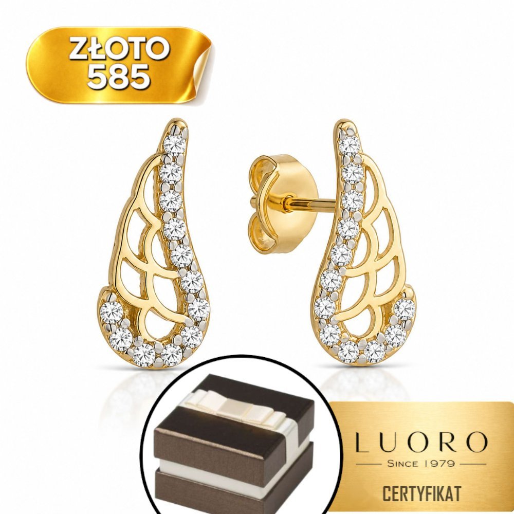 KOLCZYKI ZŁOTE 585 14K SKRZYDŁA ANIOŁA CYRKONIE SZTYFT 1 CM ELEGANCKIE