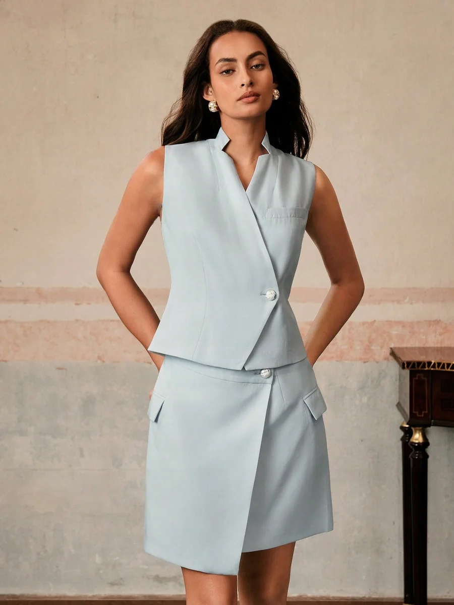 SHEIN NIEBIESKI ELEGANCKI KOMPLET Z KOPERTOWĄ GÓRĄ BEZ RĘKAWÓW 36 1MA