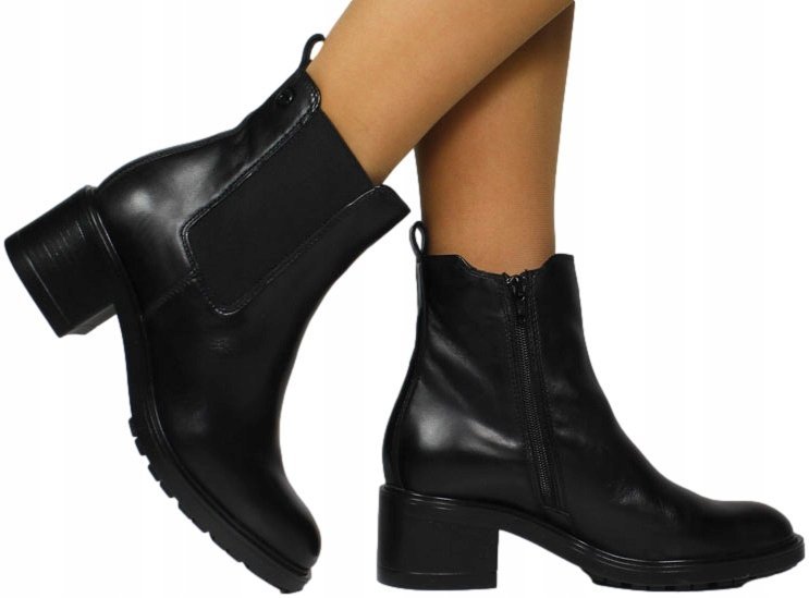 TAMARIS BOTKI DAMSKIE NA KLOCKU CZARNE SKÓRZANE 39 J8A