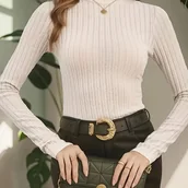 Bluzki damskie - TEMU Elegancka Bluzka z Wysokim Dekoltem i Długimi Rękawami dla Kobiet, Dopasowany Jednokolorowy T-Shirt z Długim Rękawem, Wyrzucający Seksualność - miniaturka - grafika 1