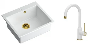 Quadron Zlewozmywak granitowy jednokomorowy 57*50*22 cm MORGAN 110 SNOW WHITE ze złotym odpływem z baterią INGRID Q LINE SNOW WHITE kolor biały mat/wykończenie złote - Zlewozmywaki z baterią - miniaturka - grafika 1