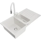 Zlewozmywaki z baterią - Mexen Matias zlewozmywak granitowy 1,5-komorowy z ociekaczem i baterią kuchenną Savita, biały - miniaturka - grafika 1