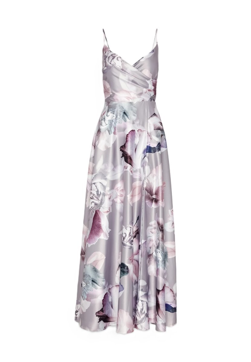 Sukienka Wieczorowa W Stylu Kopertowym R.38 Swing 5Ae14900 Srebrna W Kwiaty