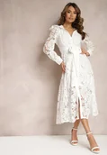 Sukienki - Biała Rozkloszowana Sukienka o Koszulowym Fasonie z Falbanką i Koronką Caramia - miniaturka - grafika 1