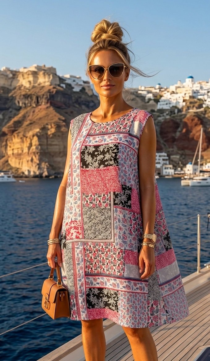 Luźna Wzorzysta Sukienka Letnia Prosta Wzory Boho Etno Patchwork Różowa #FW262-9 XXL/3XL