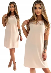 PUDROWA ELEGANCKA SUKIENKA Z KORONKĄ NA DEKOLCIE ROZMIAR 38 - Sukienki - miniaturka - grafika 1