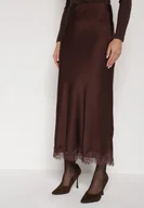 Spódnice - Brązowa Satynowa Spódnica z Koronkowym Zdobieniem Silfera - miniaturka - grafika 1