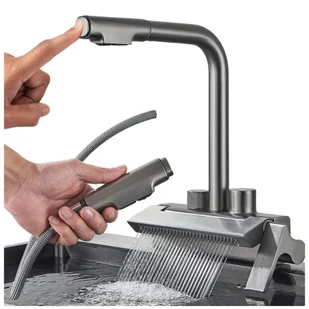 Bateria Kuchenna z Wodospadem Elastyczną Obrotową Wylewką Kran Do Kuchni Perlator NOVI - GRAFIT - Baterie kuchenne - miniaturka - grafika 1