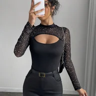 Bluzki damskie - TEMU Mi-Tao Kierunkowa Bluzka z Siatki z Wycięciami i Długim Rękawem - miniaturka - grafika 1