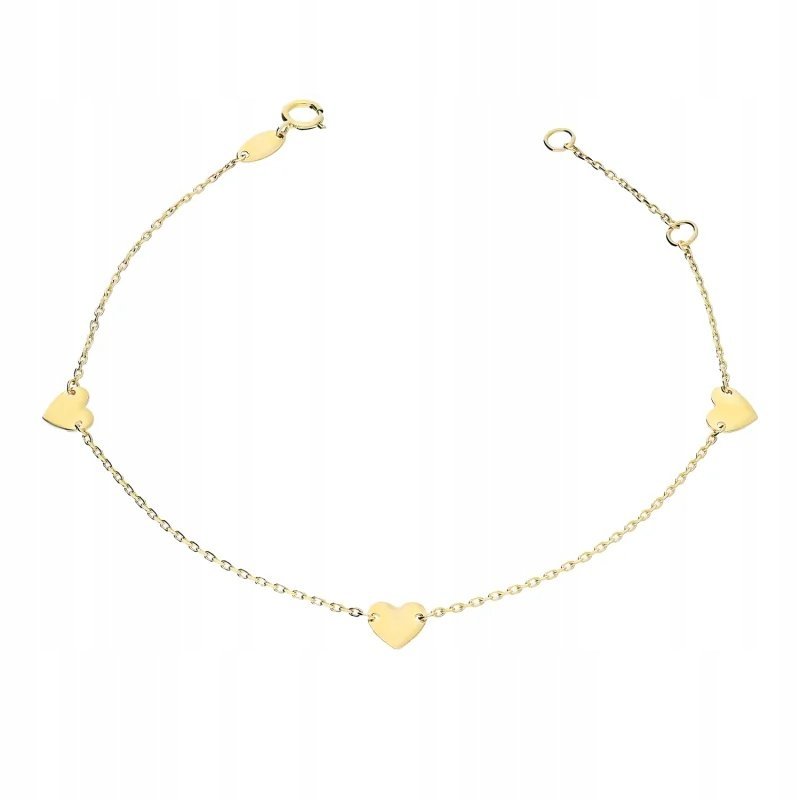 Elegancka złota 375 Bransoleta z Trzema Gładkimi Sercami 0.86g łańcuszek