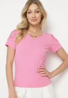 Koszulki i topy damskie - Fuksjowy Bawełniany T-shirt z Łańcuszkiem i Koronką Liraveira - miniaturka - grafika 1