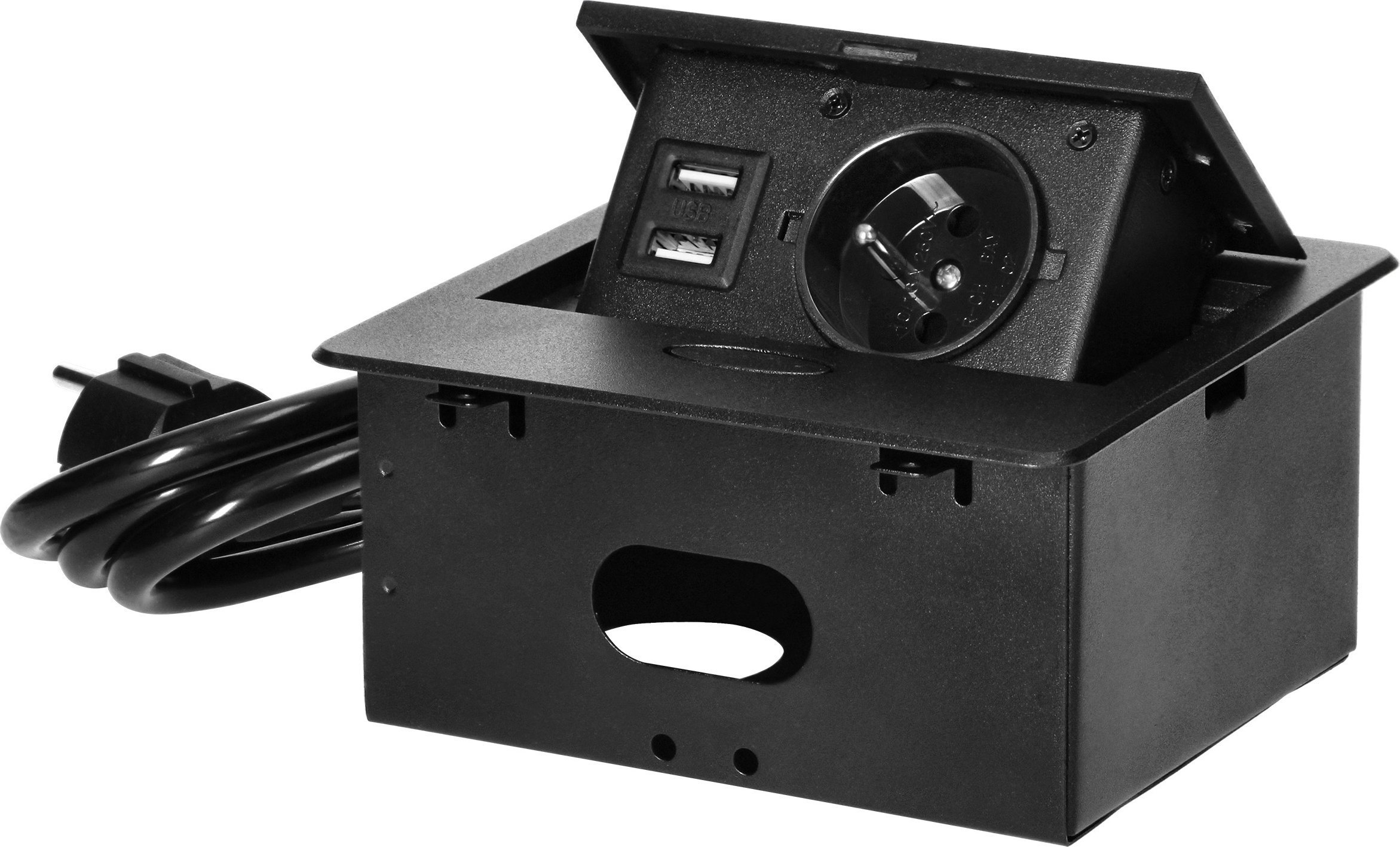 Orno Wpuszczane gniazdo meblowe z ładowarką USB i przewodem 1,5m, 1x2P+Z, 2xUSB typ A, 2,1A, płaski rant frezowany, czarny