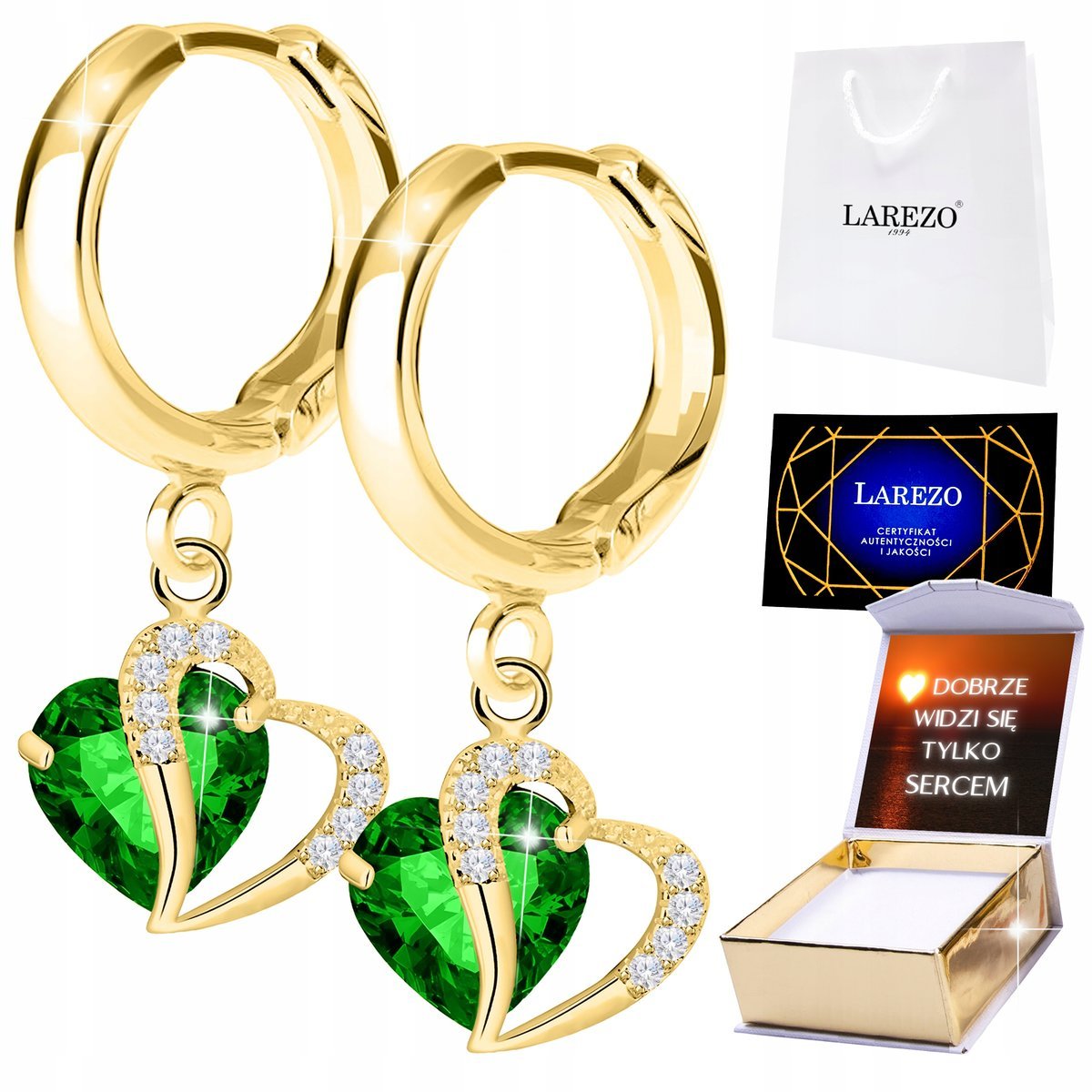 Złote Kolczyki 925 Zielone Serca z Cyrkoniami Serduszka Serce Love + NADRUK