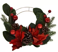 Bombki - Obręcz złota metalowa z kwiatem gwiazdy betlejemskiej z szyszkami i bombkami, 53 cm - miniaturka - grafika 1