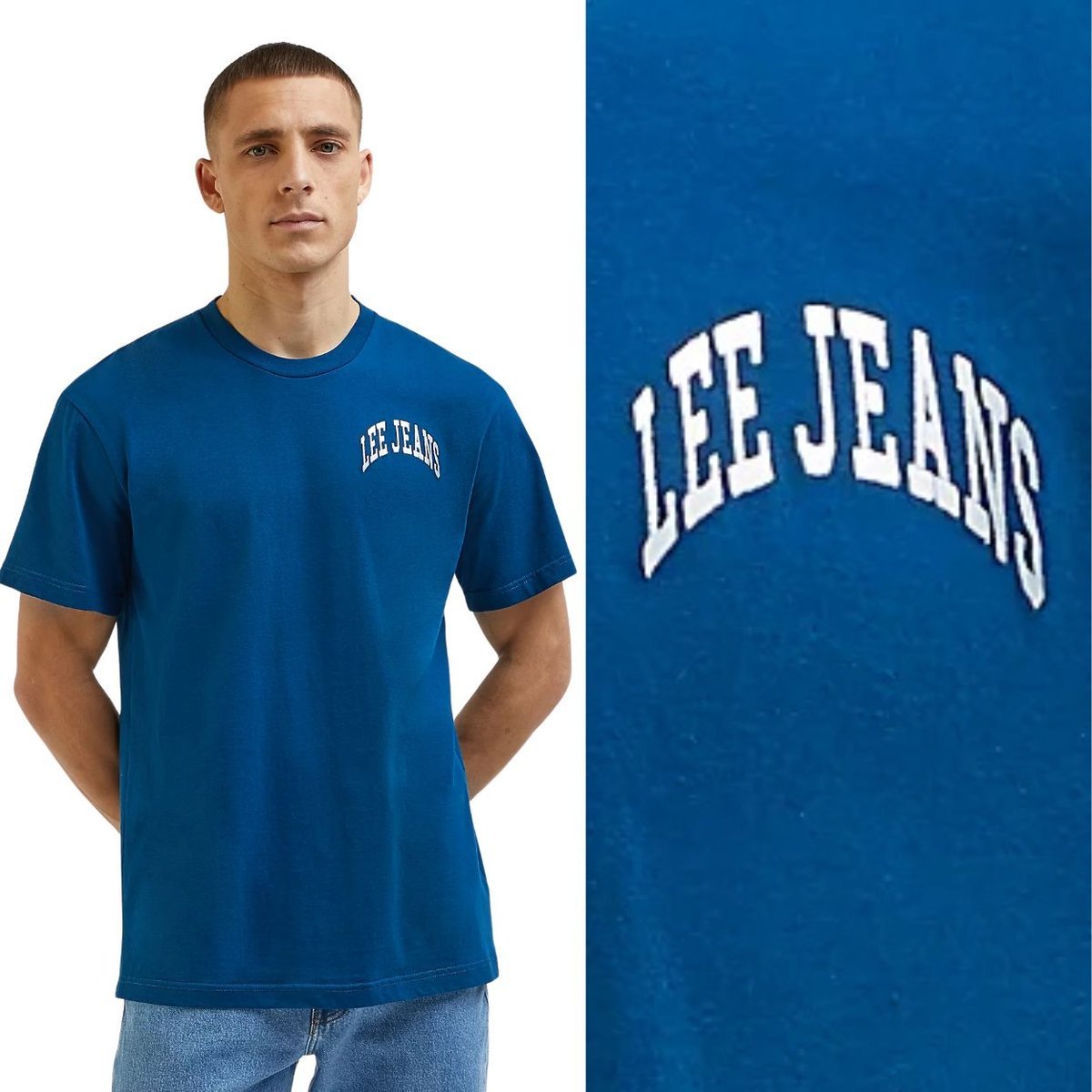 Lee VARSITY TEE Royal Teal NIEBIESKI CZARNY BAWEŁNIANY T-SHIRT LOGO S