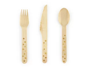 PartyDeco Sztućce drewniane Gwiazdki, złoty, 16cm SDR4-019 - Dekoracje i nakrycia stołu na imprezę - miniaturka - grafika 1