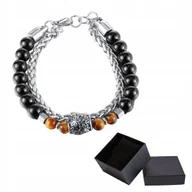 Bransoletki - Bransoletka Srebrna Łańcuszek Stal Kamień Czarny Agat Tygrysie Oko Pudełko - miniaturka - grafika 1