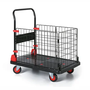Wózek platformowy ze składaną rączką, 3 barierki z drutu, 300 kg, metalowe uchwyty na koła - Wózki magazynowe - miniaturka - grafika 1