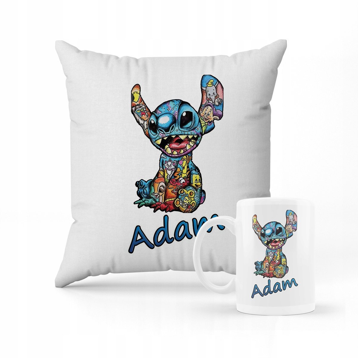 ZESTAW PODUSZKA + KUBEK PREZENT DLA DZIECKA STICH STITCH STICZ + IMIĘ 17
