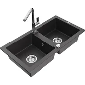 Zlewozmywaki z baterią - Mexen Mario zlewozmywak granitowy 2-komorowy z baterią kuchenną Flora, czarny nakrapiany - miniaturka - grafika 1