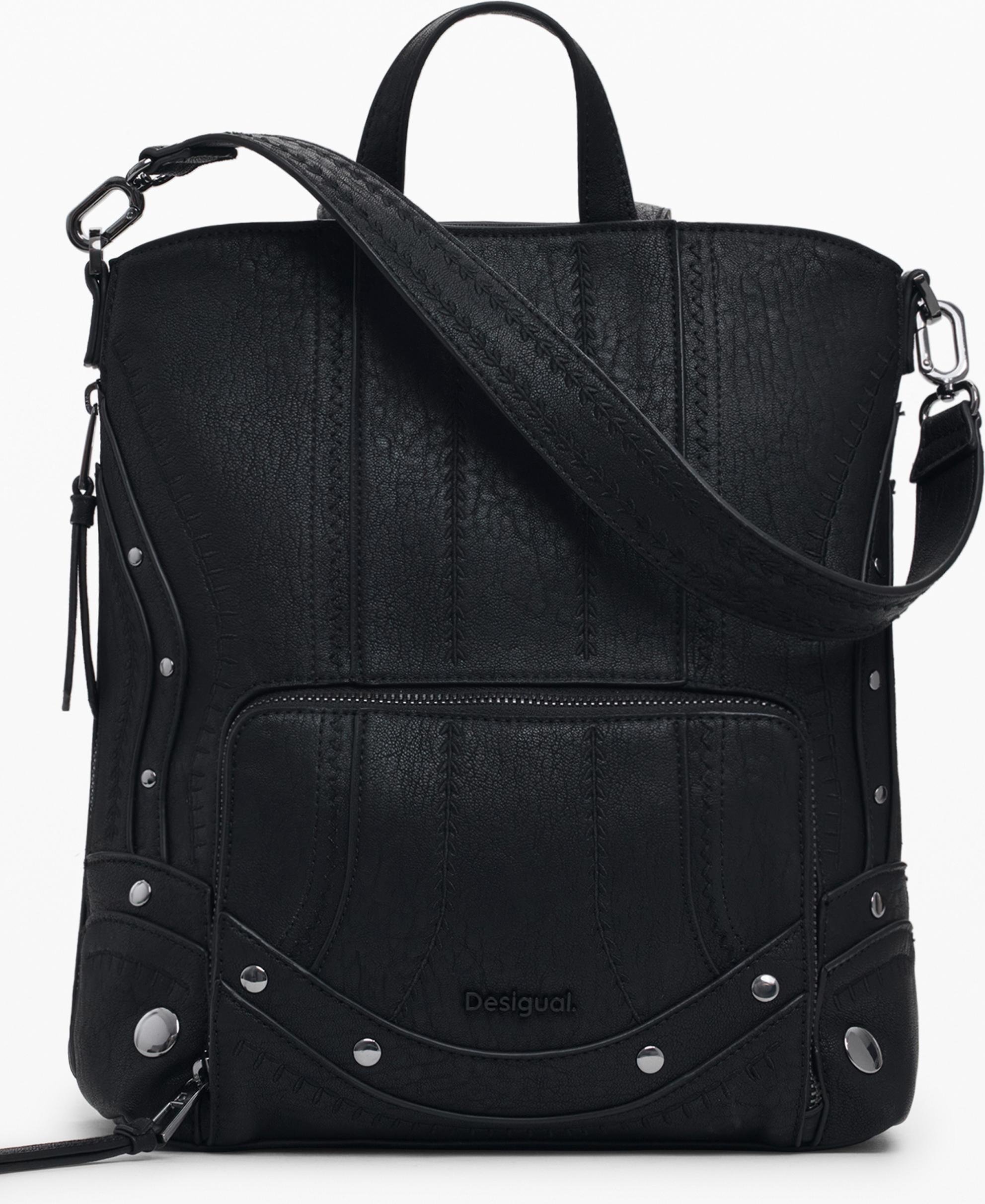 Plecak damski czarny z haftem i regulowanymi paskami