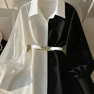 Koszule damskie - TEMU Bluzka Damska Elegancka Retro z Kolorowymi Blokami, Regulowanym Paskiem i Złotymi Guzikami - Luźny Krój z Długim Rękawem w Biało-Czarnym, - miniaturka - grafika 1