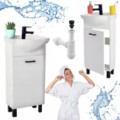 Szafki łazienkowe - Biała Szafka z Umywalką 40 Czarne Nogi Połysk + Bateria Click Clack + Syfon - miniaturka - grafika 1
