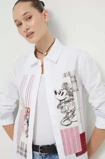 Koszule damskie - Desigual koszula bawełniana x Disney damska kolor biały regular z kołnierzykiem klasycznym - grafika 1