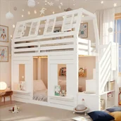 Łóżka dla dzieci i młodzieży - Łóżko piętrowe 90 x 200 cm ze schodkami do przechowywania i oknem - Drewno lite + MDF - Diody LED - Białe (materac nie jest wliczony w cenę) - miniaturka - grafika 1