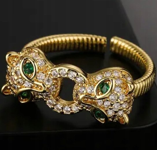 Złoty Pierścionek Koty Szmaragdy Cyrkonie Cat Heads Stal Chirurgiczna