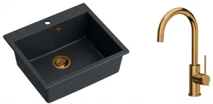 Quadron Zlewozmywak granitowy jednokomorowy 57*50*22 cm MORGAN 110 BLACK DIAMOND z miedzianym odpływem z baterią JODIE Q LINE SLIM kolor miedziany - Zlewozmywaki z baterią - miniaturka - grafika 1