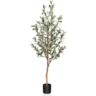 OAKRED Sztuczne drzewo oliwne, 120 cm wysokie sztuczne jedwabne rośliny z naturalnym pniem drewna, sztuczne drzewko doniczkowe, do dekoracji domu, biura, na ganek, zestaw 1 szt - Sztuczne drzewka - miniaturka - grafika 1