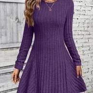 Sukienki - TEMU Elastyczna Mini Sukienka z Długim Rękawem - Dopasowany Top i Rozkloszowana Spódnica, Jednokolorowa, Pranie Maszynowe, Uniwersalna na Każdą Porę - miniaturka - grafika 1