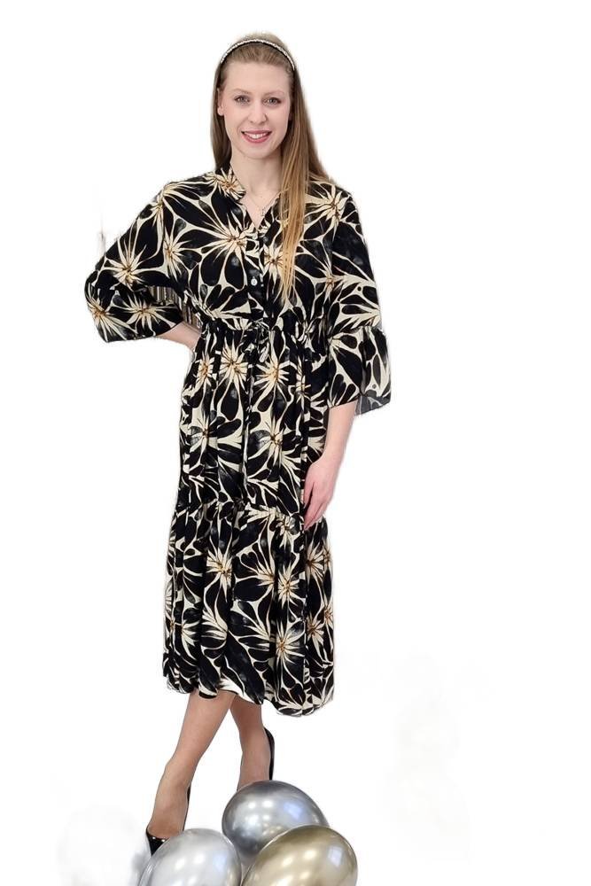 Zwiewna Sukienka w Kwiaty Czarno-beżowa UNI