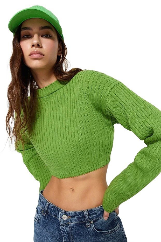 TRENDYOL KRÓTKI SWETER DAMSKI PRĄŻKOWANY Z DŁUGIM RĘKAWEM ZIELONY S 5EA*