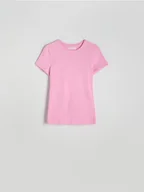 Koszulki i topy damskie - Reserved - Bawełniany t-shirt slim fit - pastelowy róż - miniaturka - grafika 1