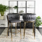 Taborety i hokery - Krzesło Barowe Tapicerowane Plecione Hoker FLORES 2 Szare Welurowe Nowoczesne Glamour - miniaturka - grafika 1