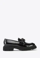 Półbuty damskie - Damskie mokasyny skórzane z łańcuchem z kryształków czarne 41 - miniaturka - grafika 1