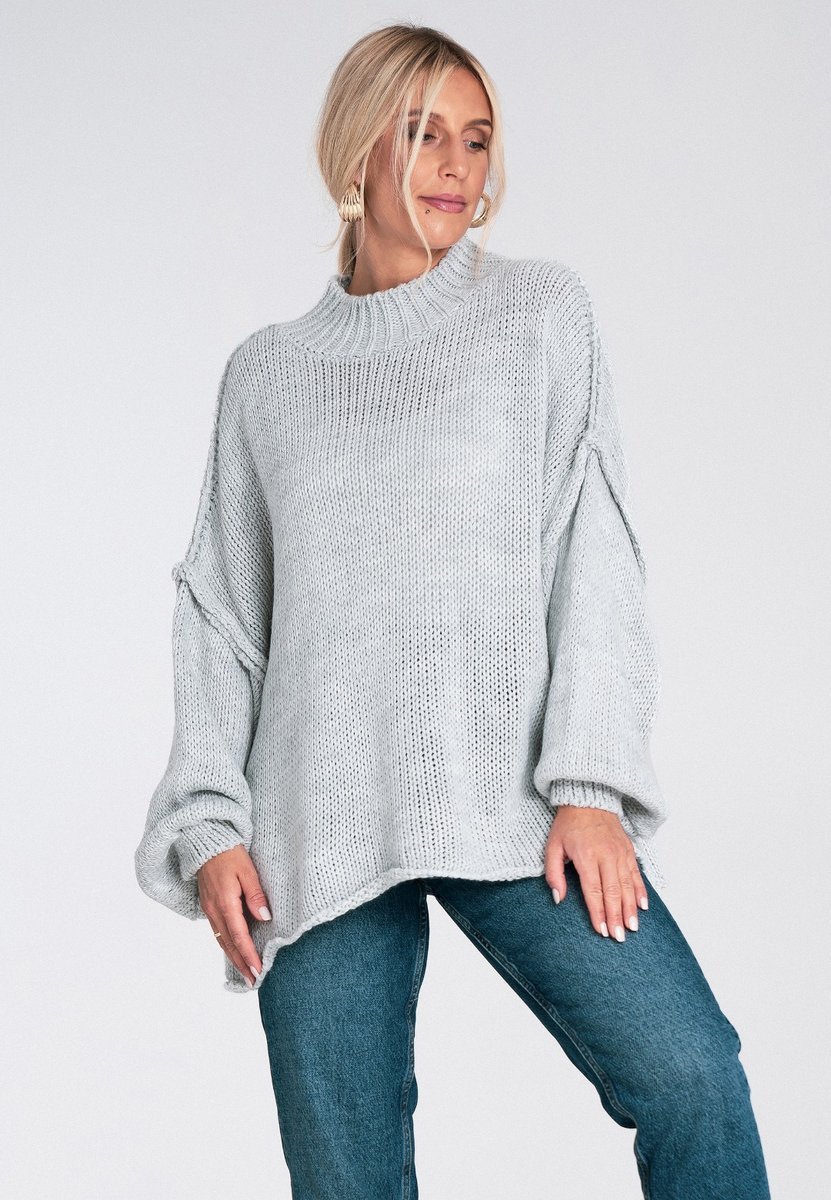 Damski sweter oversize z półgolfem i bufiastymi rękawami, dzianina - M1238, szary, M