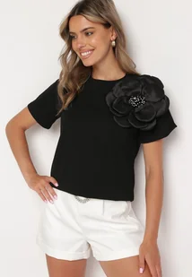 Czarna Bawełniana Bluzka z Kwiatową Aplikacją i Cyrkoniami Quavia - Bluzki damskie - miniaturka - grafika 1