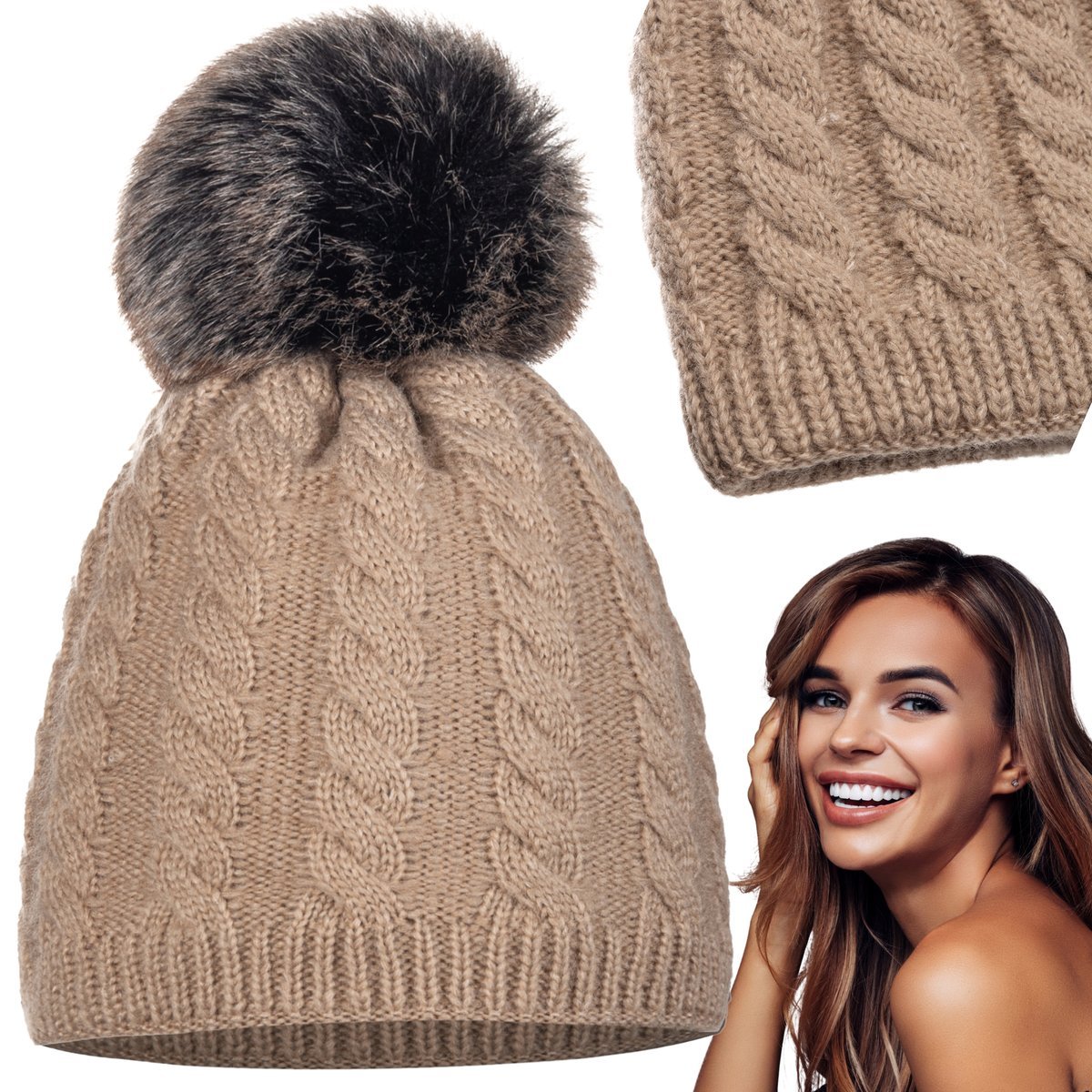 Czapka Damska Zimowa Kobieca Beanie Jesienna Zimowa Majka Beż Beżowa