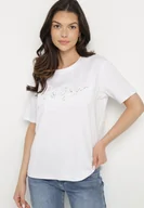 Koszulki i topy damskie - Biały T-shirt z Bawełny o Kroju Oversize z Haftem i Cekinami Uliowena - miniaturka - grafika 1