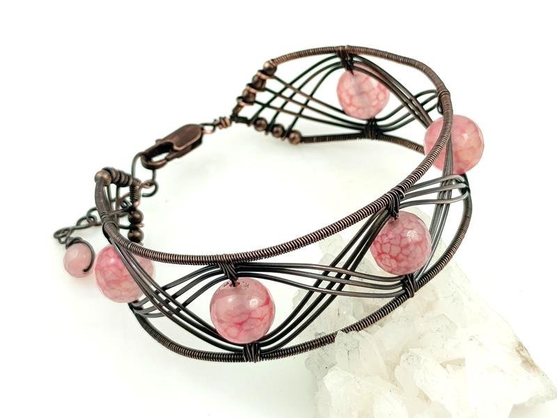 Bransoletka miedziana z agatem, obwód od 17 do 19 cm, waga 18 gram, znak Byka, Skorpiona, Bliźniąt, rękodzieło