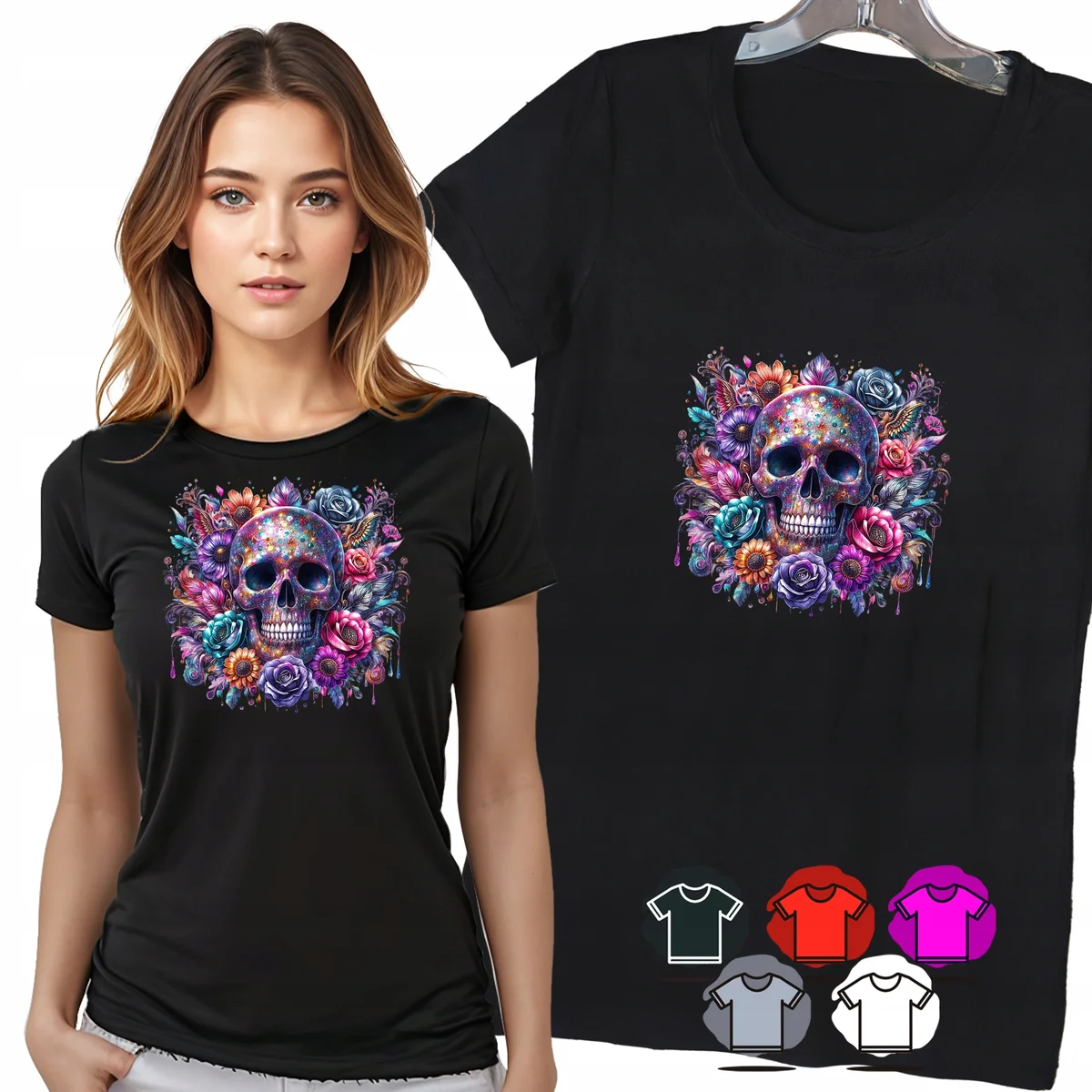 KOSZULKA DAMSKA T-SHIRT - CZASZKA KOLOROWE RÓŻE KWIATOWY WZÓR DAMSKI - 3XL