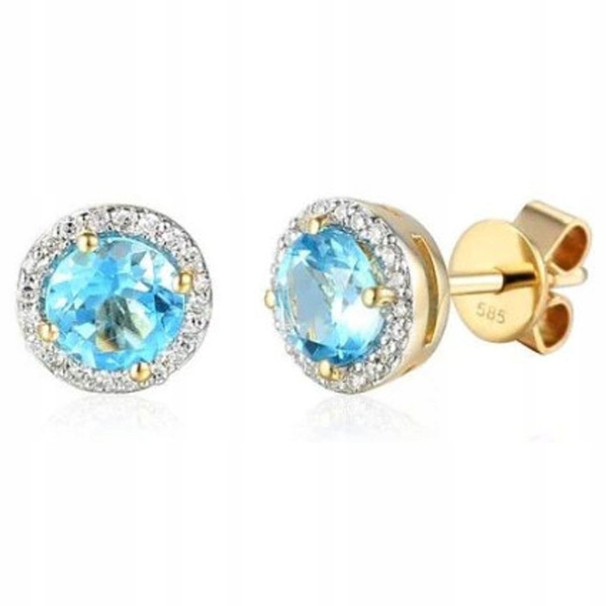 Złote kolczyki 585 OKRĄGŁY TOPAZ I DIAMENTY 1,54g modny wzór prezent 14k
