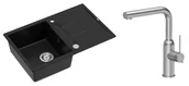 Zlewozmywaki z baterią - Quadron Unique Zlewozmywak granitowy jednokomorowy 78*50*22 cm z ociekaczem MORGAN 111 PURE CARBON z syfonem Push-2-Open w kolorze stalowym z baterią ANGELINA Q LINE z wyciąganą wylewką kolor stal szczotkowana - miniaturka - grafika 1