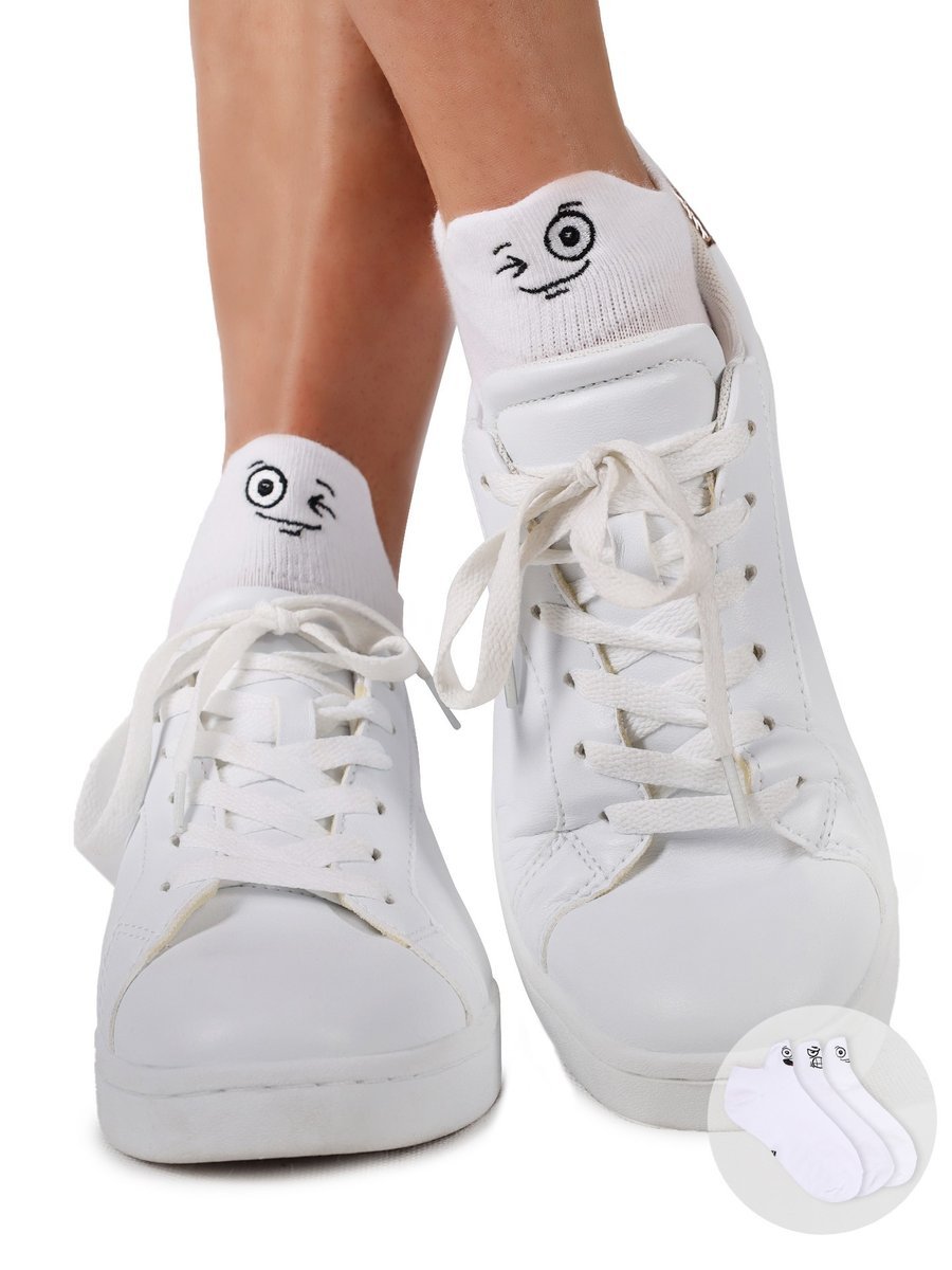 Skarpety stopki unisex z haftem na wypustce z przodu zabawne buźki białe 3PAK 35-38 YOCLUB