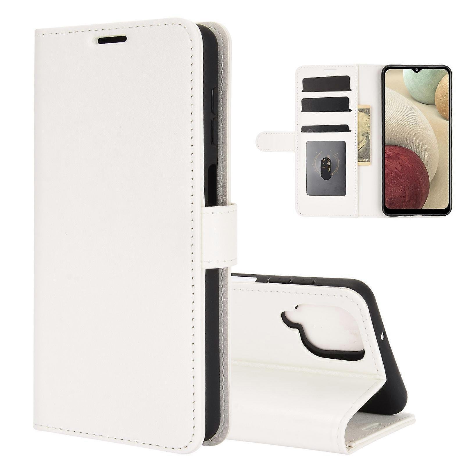 Dla Samsung Galaxy A12 R64 Tekstura Pojedynczy poziomy etui ochronne z klapką z uchwytem i miejscami na karty oraz portfelem i ramką na zdjęcia Biały