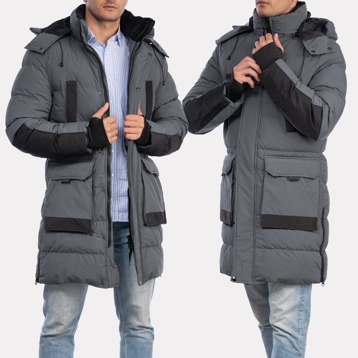 Kurtka Męska Długi Płaszcz Puchowy Pikowany Parka Grafitowa z kapturem L Szary