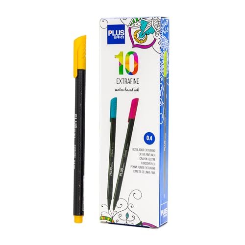 Plus Office 10 cienkich pisaków 0,4 mm, idealne do pisania, malowania i rysowania, długopisów szkolnych z cienką końcówką, kolorowy tusz na bazie wody (żółty)